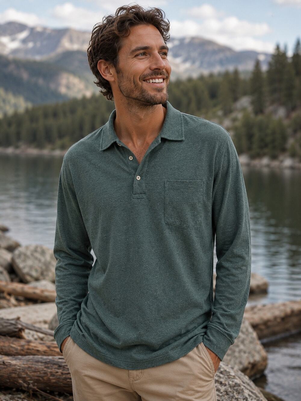 The Normal Brand Men's Long Sleeve Puremeso Polo front pocket in Green. Size XL